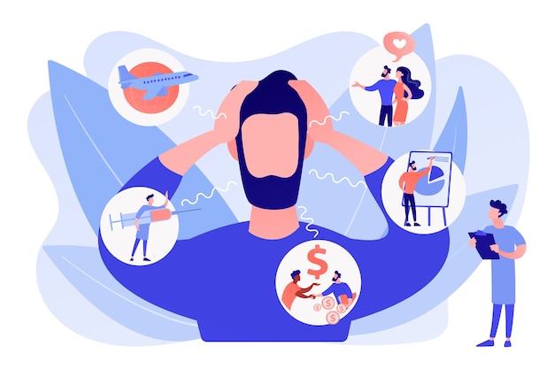 Introversie, agorafobie, fobie in de openbare ruimte. Geestesziekte, stress. Sociale angststoornis, angstscreeningtest, angstaanvalconcept. Roze koraal bluevector geïsoleerde illustratie