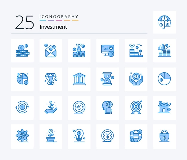 Investering 25 Blue Color icon pack inclusief geldgroei investeringsfinancieringsgrafiek