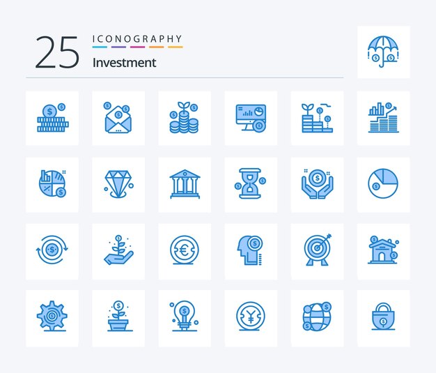 Investering 25 Blue Color icon pack inclusief geldgroei investeringsfinancieringsgrafiek