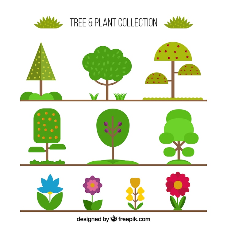 Gratis Vector inzameling van boom en plant in plat ontwerp