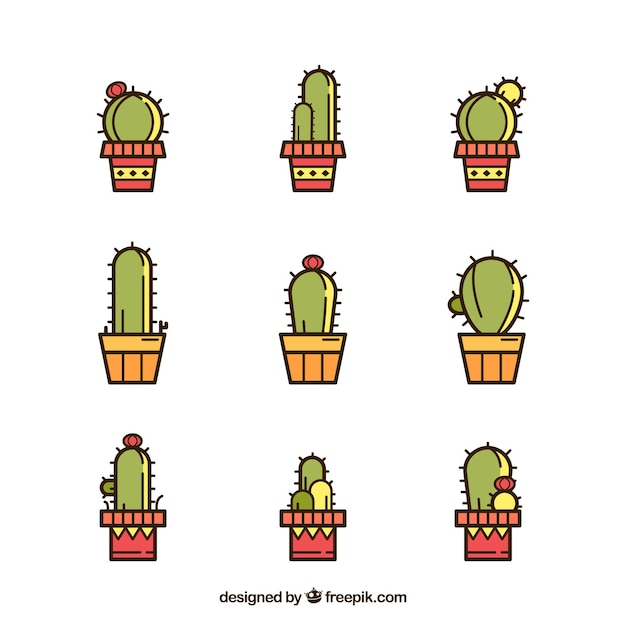 Gratis vector inzameling van cactussen in lineaire stijl