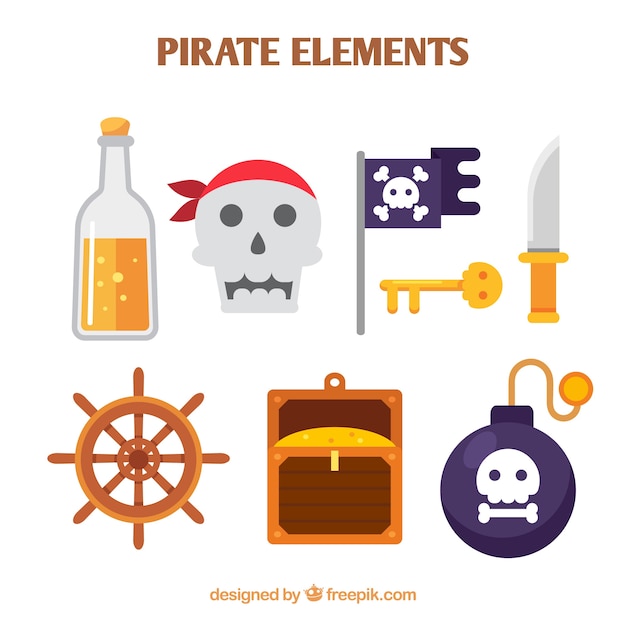 Inzameling van gekleurde piratenobjecten in plat ontwerp
