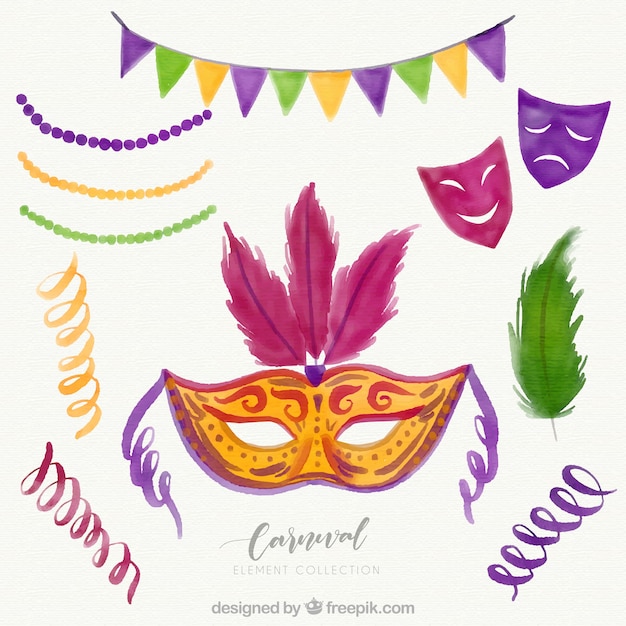 Gratis vector inzameling van hand getrokken carnaval-maskers en elementen