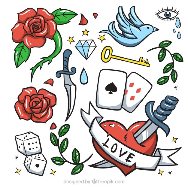 Inzameling van handgetekende decoratieve tatoeages