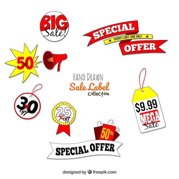 Gratis vector inzameling van handgetekende speciale aanbiedingen stickers