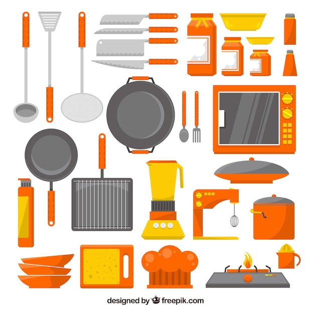 Gratis vector inzameling van keukengerei in platte vormgeving