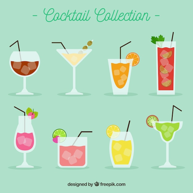 Gratis vector inzameling van kleurrijke drankjes in vlakke vormgeving