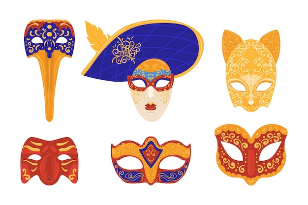 Gratis vector inzameling van venetiaanse carnaval-maskers op witte achtergrond