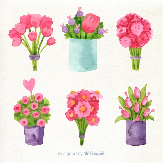 Gratis vector inzameling van waterverfbloemen voor valentijnskaart