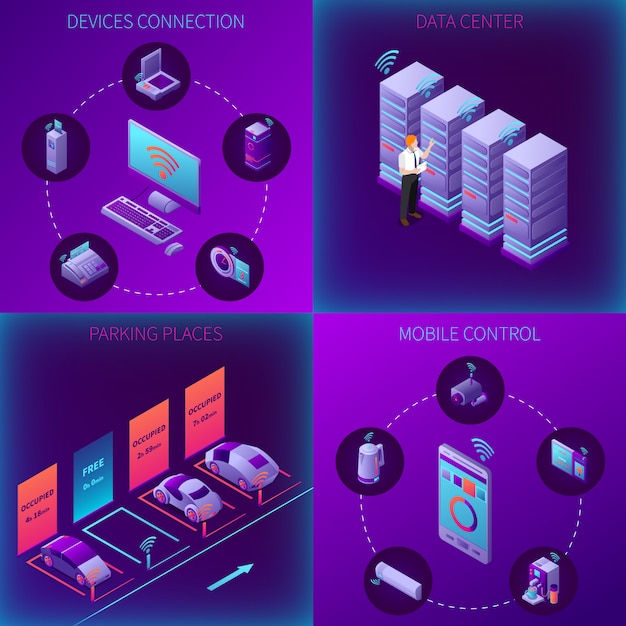 Iot bedrijfsbureau isometrisch concept met het datacenterparkeren van de apparatenverbinding en mobiele controle geïsoleerde vectorillustratie