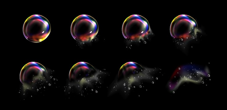 Gratis Vector iriserende schuimbubbel barstte explosie sprite-animatie glasspectrumblad met regenboogreflectie abstracte magie blazende ballon 3d-spel storyboard kit duidelijke cirkel bol vernietigen fx geïsoleerd
