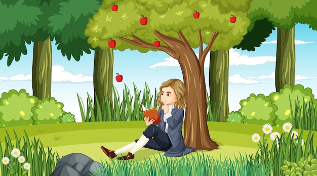 Isaac newton zittend onder appelboom