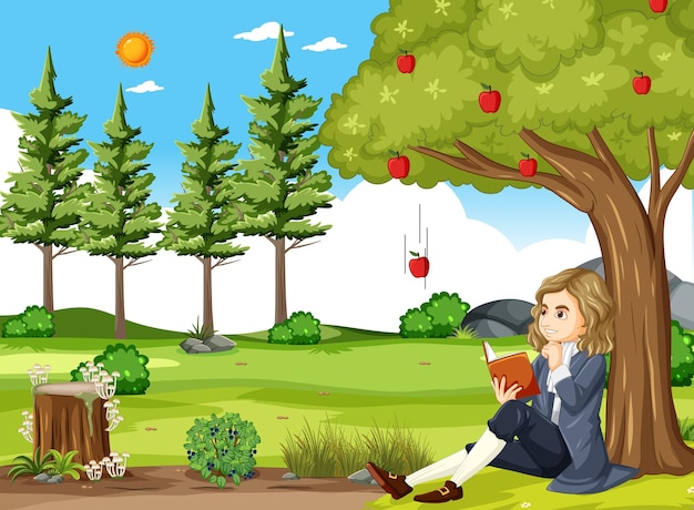 Isaac Newton zittend onder appelboom