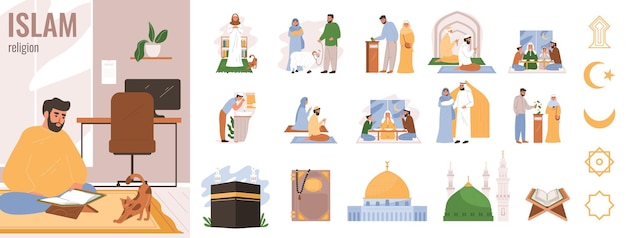 Gratis vector islam religie vlakke pictogrammen set met mannelijke gebed en religieuze symbolen geïsoleerde vector illustratie