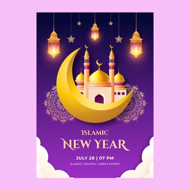 Islamitisch nieuwjaarsaffichesjabloon met gradiënt met wassende maan en lantaarns