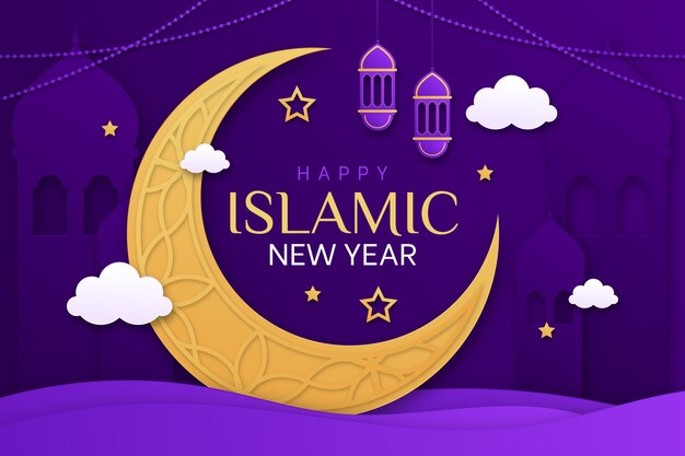Islamitische nieuwjaarsachtergrond in papierstijl met halve maan