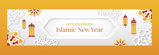 Gratis vector islamitische nieuwjaarsbanner in papierstijl met lantaarns en bloemen