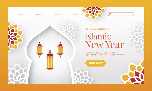 Islamitische nieuwjaarsbestemmingspagina in papierstijl met lantaarns en bloemen