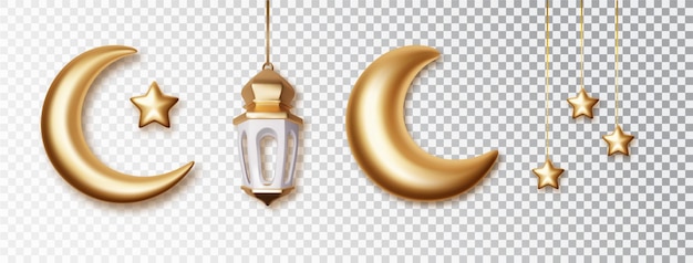 Gratis vector islamitische ontwerpelementen ingesteld voor maand ramadan symbolen van ramadan mubarak hangende gouden lantaarns arabische lampen lantaarns maan ster geïsoleerd