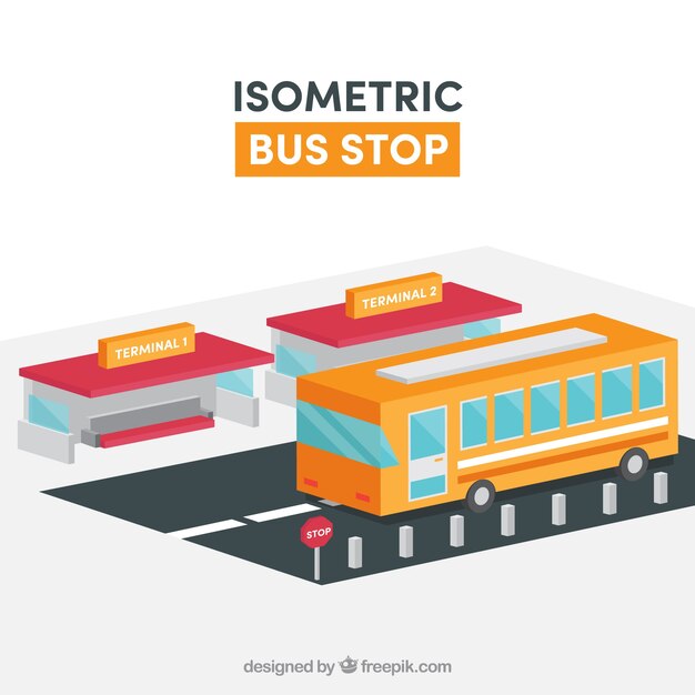 Isometrisch aanzicht van bus- en bushalte met plat ontwerp