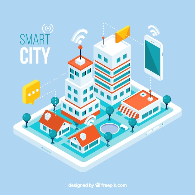 Isometrisch aanzicht van een mobiele applicatie met een stad