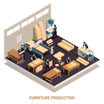 Isometrisch geïsoleerd meubelproductieconcept met arbeiders die houten planken schuren, hout snijden met machines en het in stukken zagen illustratie