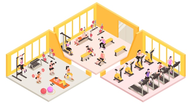 Isometrisch gym- en fitnessclubconcept met mensen die binnen vectorillustratie trainen