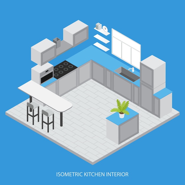 Isometrisch keukenbinnenland met kabinettenkasten wit tegenvenster tegelvloer microgolf vectorillustratie