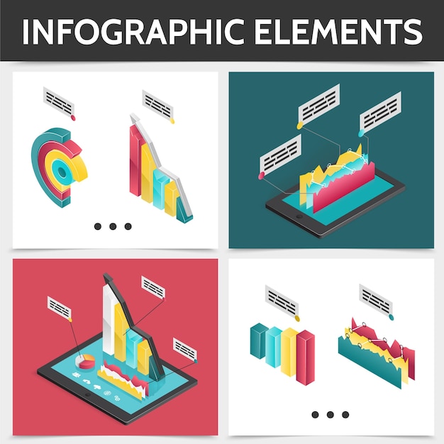 Isometrisch kleurrijk vierkant infographic concept met 3d bedrijfsdiagrammen, staafdiagrammen en grafiekenillustratie