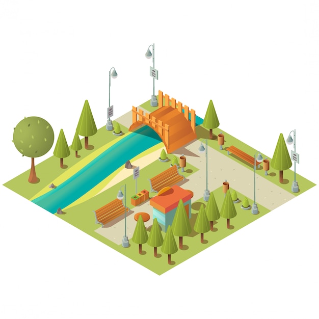 Isometrisch landschap van stads groen park met snel voedselkiosk