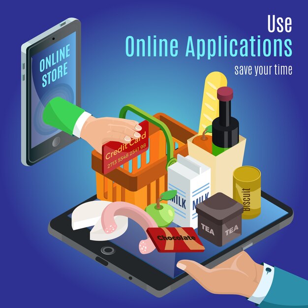 Isometrisch online bestelconcept met hand met verschillende producten op tablet- en creditcardbetaling