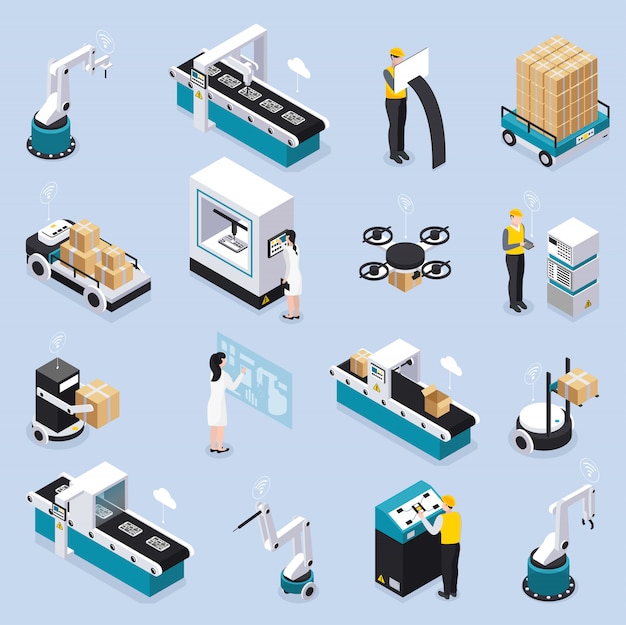 Isometrisch slim die industriepictogram met roboticahulpmiddelen en de arbeiders van de materiaaldienst en wetenschappers vectorillustratie wordt geplaatst