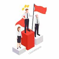 Gratis vector isometrisch soft skills leiderschapsconcept met drie zakenmensen die op het podium staan