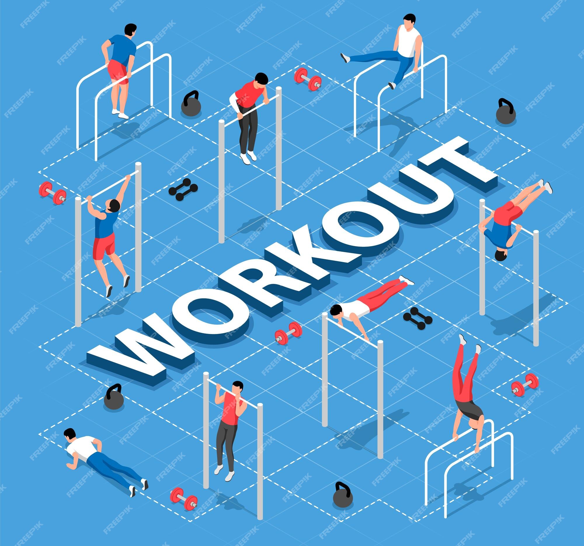 Isometrisch trainingstroomschema met mannen die oefeningen op staven doen tegen blauwe achtergrond 3d vectorillustratie | Gratis Vector Isometrisch Trainingstroomschema Met Mannen Die Oefeningen Op Staven Doen Tegen Blauwe Achtergrond 3D Vectorillustratie | Gratis Vector