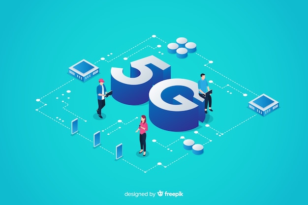 Gratis vector isometrische 5g concept achtergrond met karakters