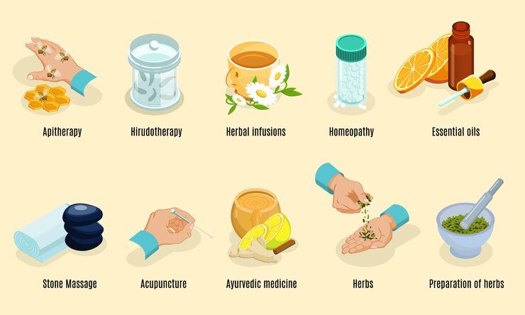 Gratis Vector isometrische alternatieve geneeskunde elementen instellen met aritherapy hirudotherapie kruiden homeopathie oliën steen