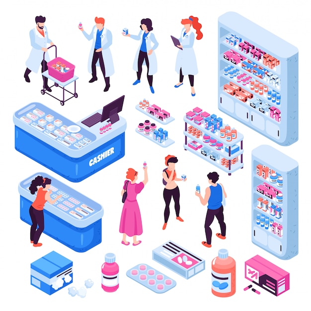 Gratis vector isometrische apotheek die met apothekers en mensen wordt geplaatst die geneeskunde kopen die op witte 3d illustratie wordt geïsoleerd als achtergrond