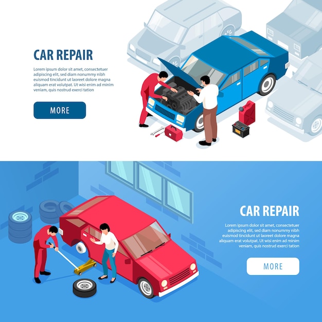 Isometrische auto reparatie web banner set auto-onderdelen en werkende mensen
