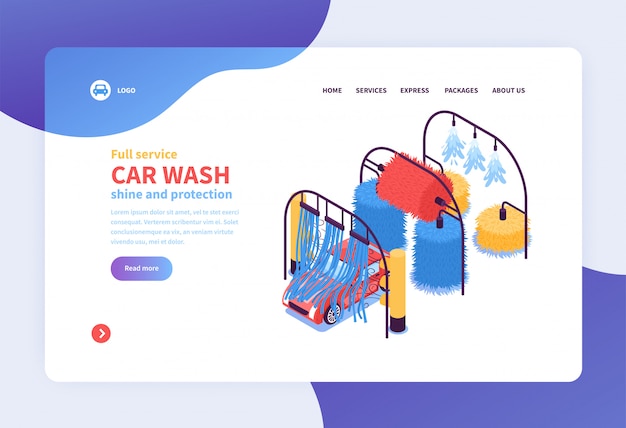 Gratis vector isometrische auto wassen diensten concept bestemmingspagina webpagina ontwerp