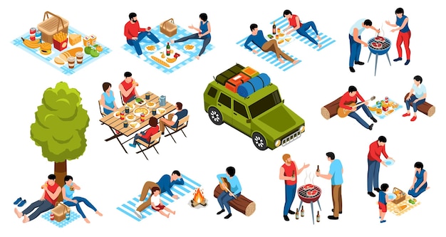 Gratis vector isometrische barbecuepictogrammen die met mensen worden geplaatst die picknick in openlucht geïsoleerde vectorillustratie hebben