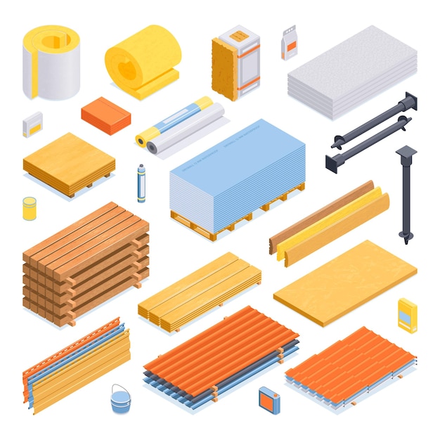 Isometrische bouwmaterialen pictogrammenset met folie isolatie droge muur multiplex schroef pillen en andere materialen vector illustratie