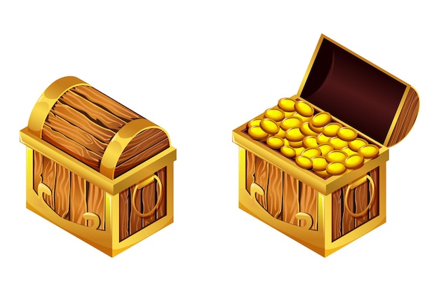 Gratis vector isometrische cartoon kisten met gouden munten