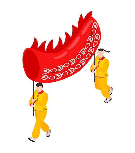 Gratis vector isometrische chinese nieuwjaarssamenstelling met twee menselijke karakters die palen vasthouden die stoffendraak vectorillustratie dragen