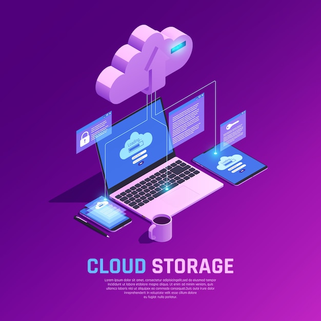 Gratis vector isometrische cloud-opslag illustratie