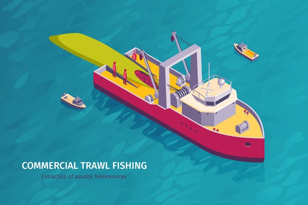 Gratis vector isometrische commerciële visserij horizontale banner met open zee en trawlboot met leden van de bemanning