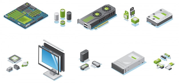 Isometrische computerhardwaredelen die met geïsoleerde monitor en systeemeenheid elektronische componenten en details worden geplaatst