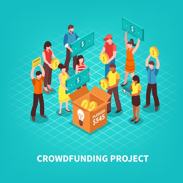 Isometrische crowdfunding illustratie