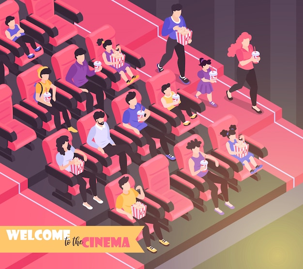 Gratis vector isometrische de samenstellingsachtergrond van de filmbioscoop met binnenmening van bioscoopauditorium met stoelen en publieksillustratie