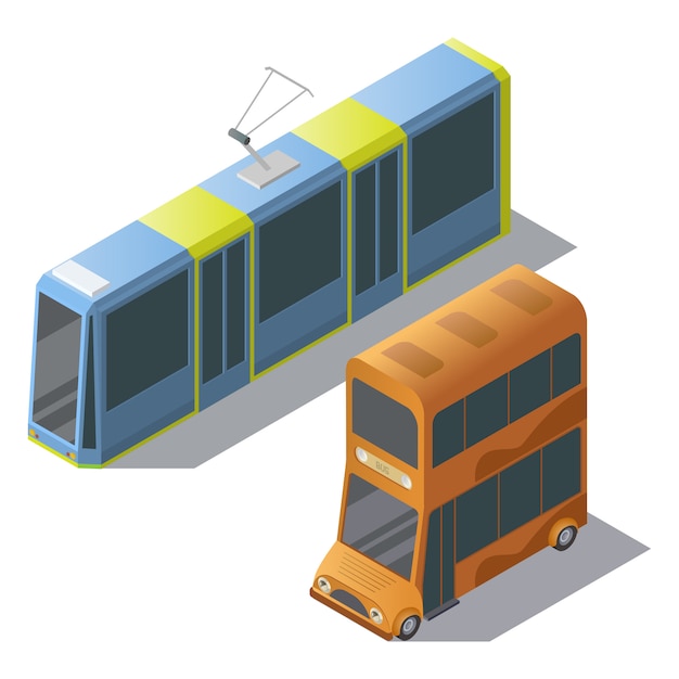 Gratis vector isometrische dubbeldekker bus en tram