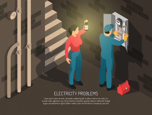 Isometrische elektricienmensen met de binnen menselijke karakters van de kelderverdelingssamenstelling van arbeider en gastheer met tekst vectorillustratie